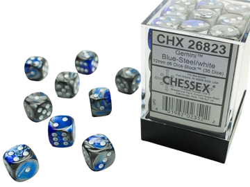 Chessex Gemini 12mm d6 Dice Blocks with pips Dice Blocks (36 Dice) - Blue-Steel w/white