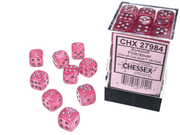 Chessex Borealis 12mm d6 Pink/silver Luminary Dice Block (36 dice)