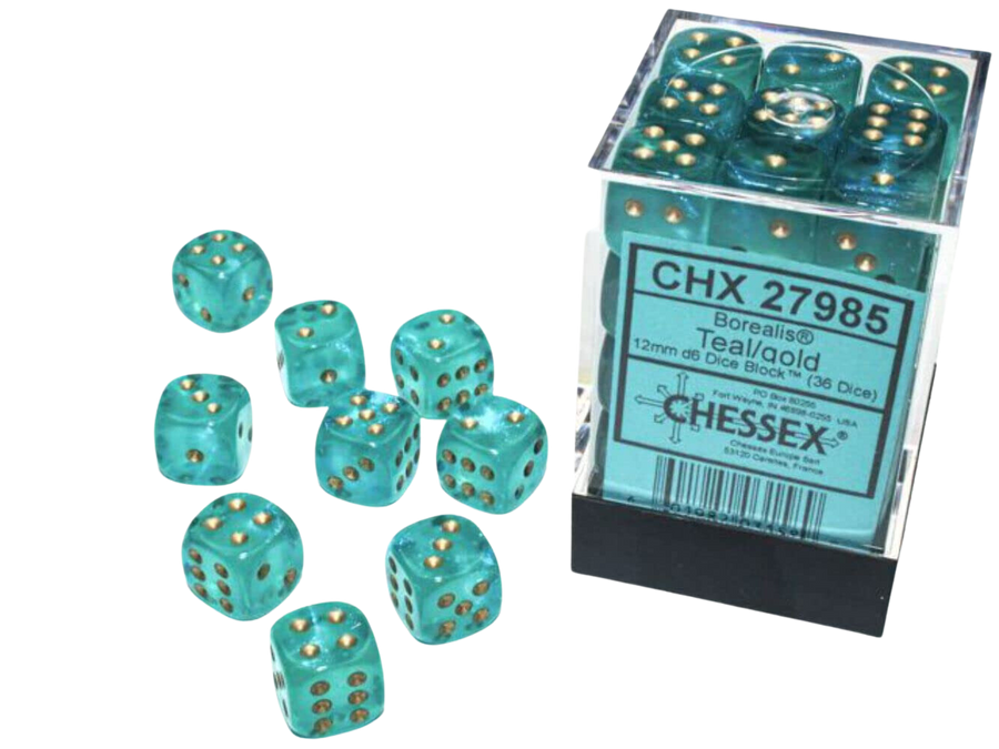 Chessex Borealis 12mm d6 Teal/gold Luminary Dice Block (36 dice)