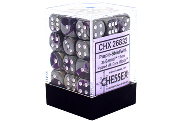 Chessex Dice Block: Gemini Purple-Steel w/white - 12mm D6 (36)