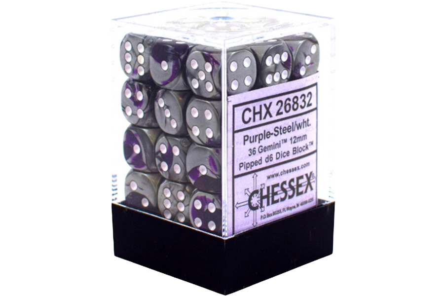 Chessex Dice Block: Gemini Purple-Steel w/white - 12mm D6 (36)