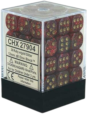 Chessex - Signature 12mm d6 with pips Dice Blocks (36 Dice) - Glitter Polyhedral Ruby/gold