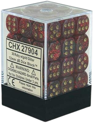 Chessex Signature 12mm d6 with pips Dice Blocks (36 Dice) - Glitter Polyhedral Ruby/gold