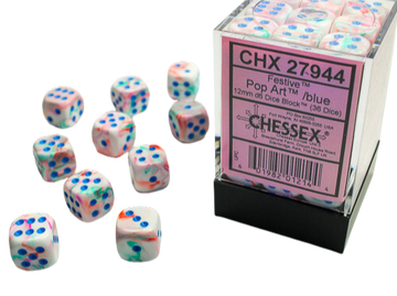 Chessex Signature 12mm d6 with pips Dice Blocks (36 Dice) - Festive Pop Art /blue