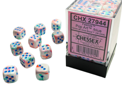 Chessex Signature 12mm d6 with pips Dice Blocks (36 Dice) - Festive Pop Art /blue