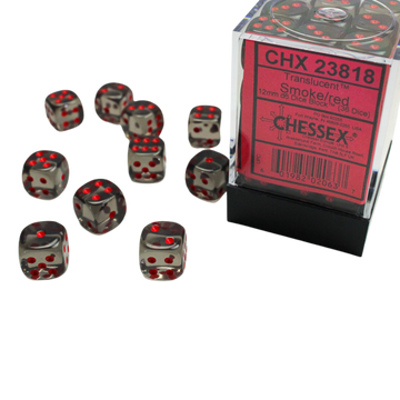 Chessex Translucent 12mm d6 with pips Dice Blocks (36 Dice) - Smoke w/red