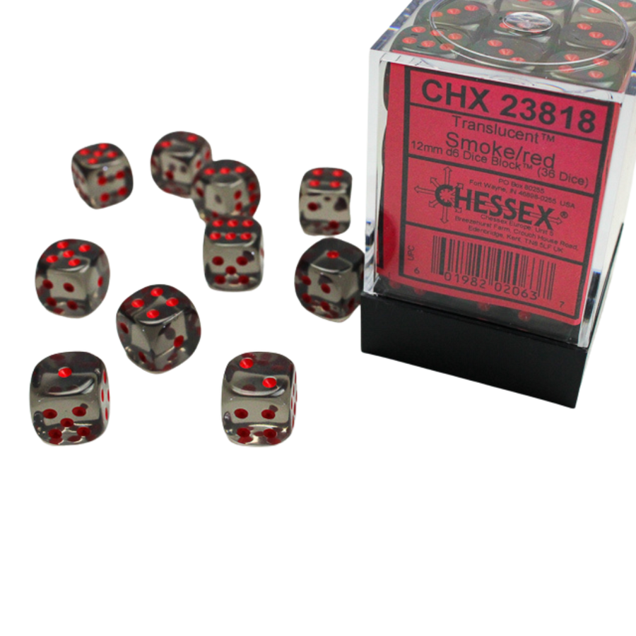 Chessex Translucent 12mm d6 with pips Dice Blocks (36 Dice) - Smoke w/red