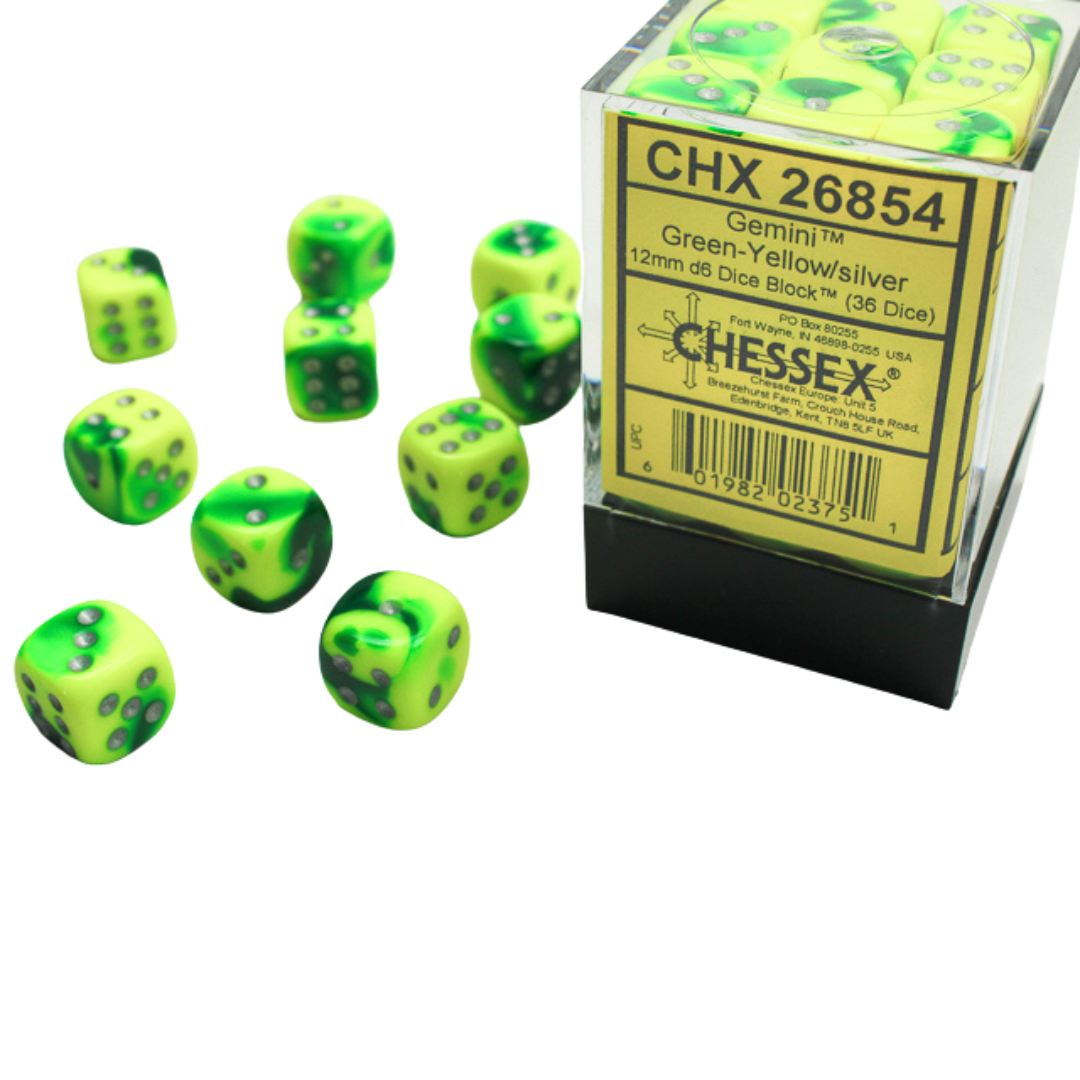 Chessex Gemini 12mm d6 Dice Blocks with pips Dice Blocks (36 Dice) - GreenYellow w/silver