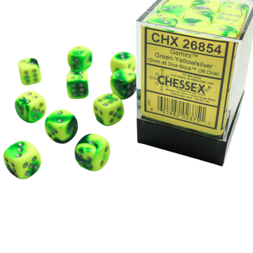 Chessex Gemini 12mm d6 Dice Blocks with pips Dice Blocks (36 Dice) - GreenYellow w/silver