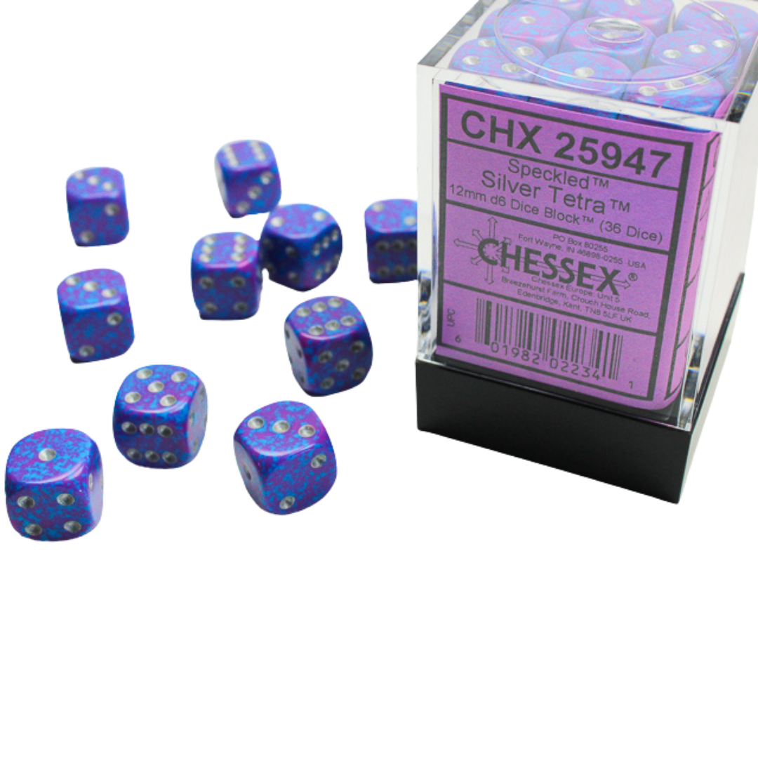 Chessex Speckled 12mm d6 Dice Blocks with Pips (36 Dice) - Silver Tetra