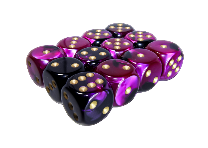 Chessex - Gemini 16mm d6 with pips Dice Blocks (12 Dice) - Black-Purple w/gold