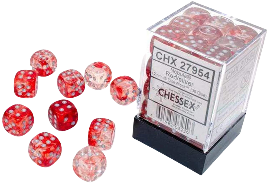 Chessex 12mm d6 Blocks - Nebula 12mm Red/silver Luminary Dice Block™ (36 dice)