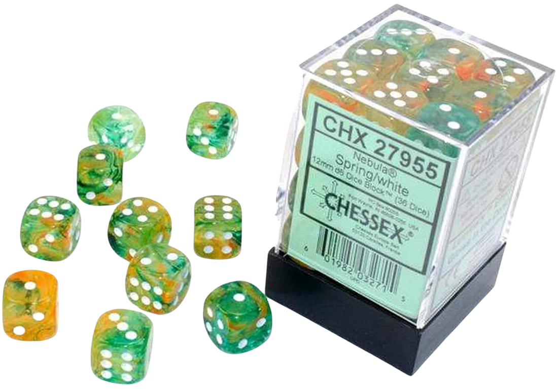 Chessex 12mm d6 Blocks - Nebula 12mm Spring/white Luminary Dice Block™ (36 dice)