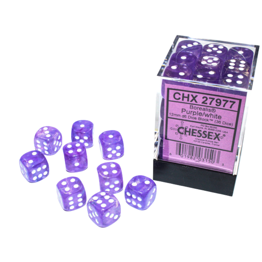 Chessex Dice Block: Borealis Purple w/white Luminary - 12mm D6 (36)