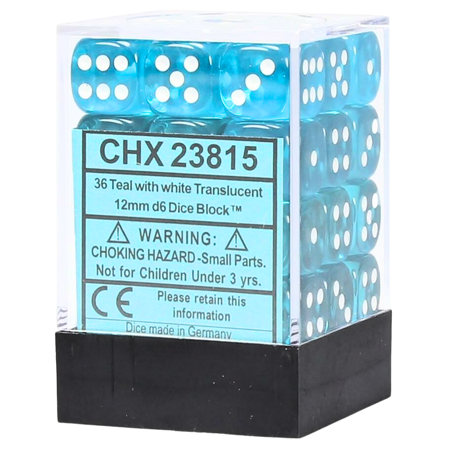 Chessex Dice Block: Translucent Teal w/white - 12mm D6 (36)