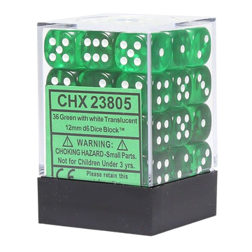 Chessex Translucent 12mm d6 with pips Dice Blocks (36 Dice) - Green W/White