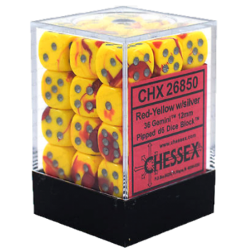 Chessex Dice Block: Gemini Red-Yellow w/silver - 12mm D6 (36)