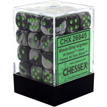 Chessex Dice Block: Gemini Black-Grey w/green - 12mm D6 (36)