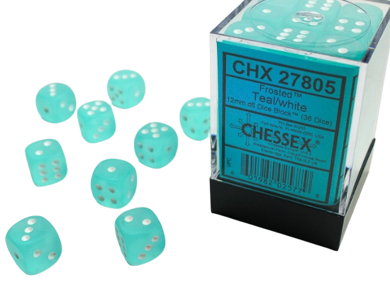 Chessex 16mm d6 with pips Dice Blocks (12 Dice) - Frosted Teal w/white