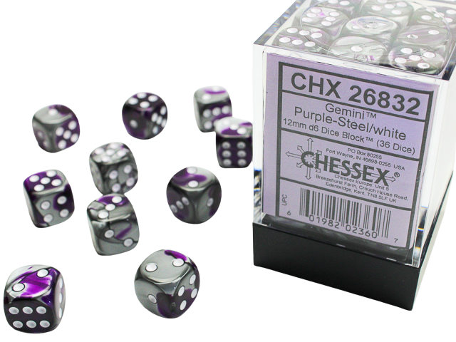 Chessex Dice Block: Gemini Purple-Steel w/white - 12mm D6 (36)