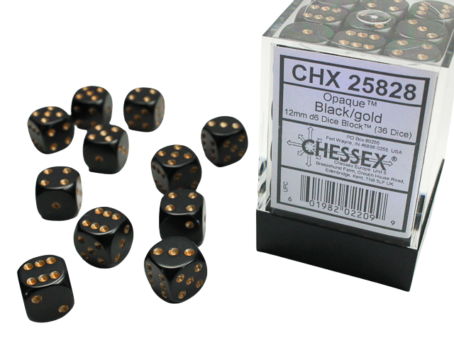 Chessex Opaque 12mm d6 with pips Dice Blocks (36 Dice) - Black w/gold