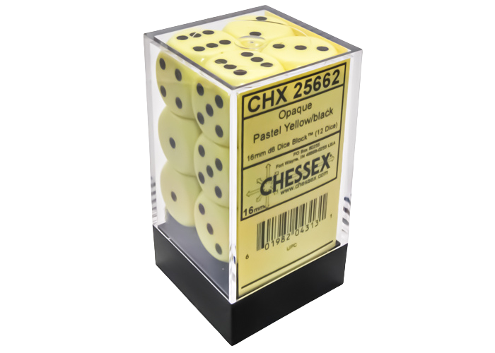 Chessex Opaque Pastel Yellow/black 16mm d6 Dice Block (12 dice)