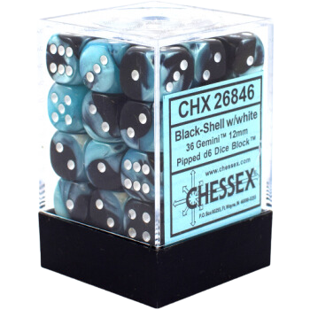 Chessex Dice Block: Gemini Black-Shell w/white - 12mm D6 (36)