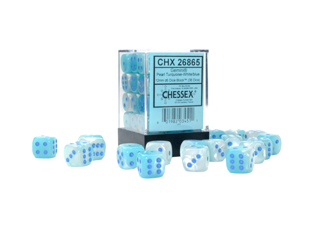 Gemini 12mm d6 Pearl Turquoise-White/blue Luminary Dice Block (36 dice)