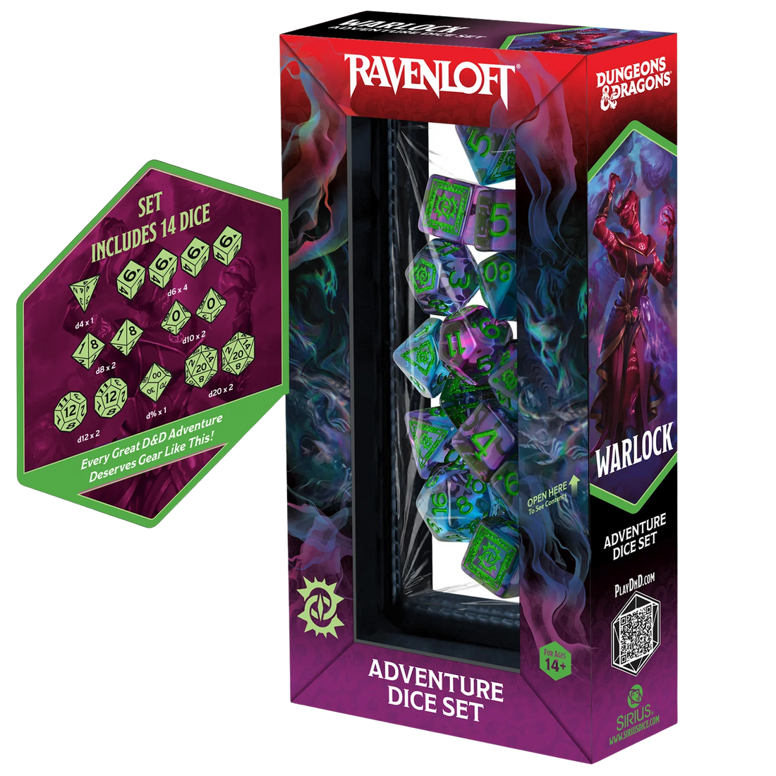 Sirius Dice - D&D Adventure Dice – Warlock: Purple, Green