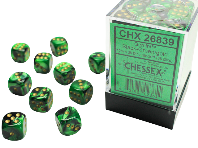 Chessex Gemini 12mm d6 Dice Blocks with pips Dice Blocks (36 Dice) - Black-Green w/gold