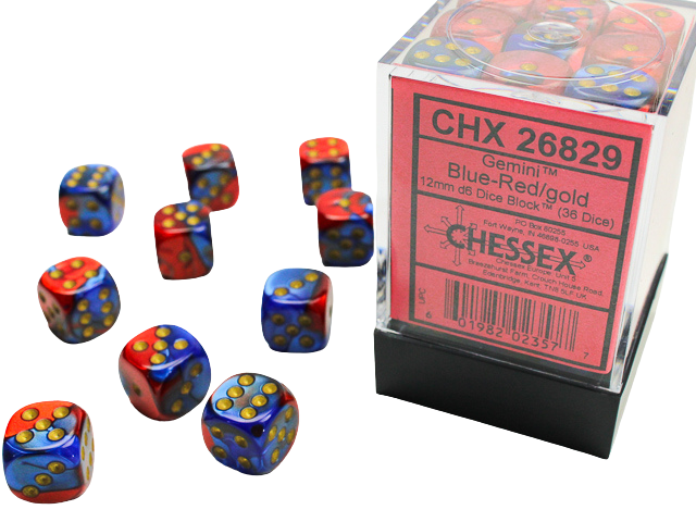 Chessex Gemini 12mm d6 Dice Blocks with pips Dice Blocks (36 Dice) - Blue-Red w/gold