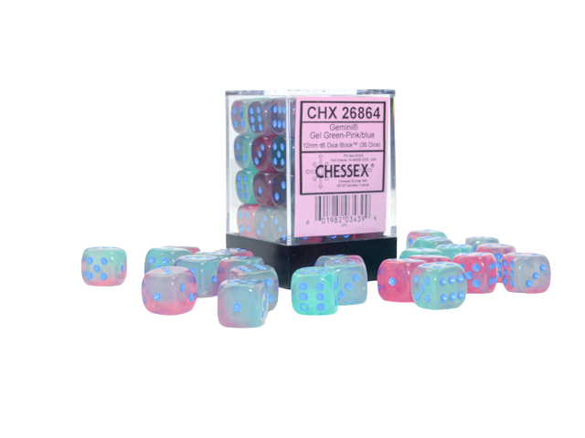 Chessex Gemini 12mm d6 Gel Green-Pink/blue Luminary Dice Block (36 dice)