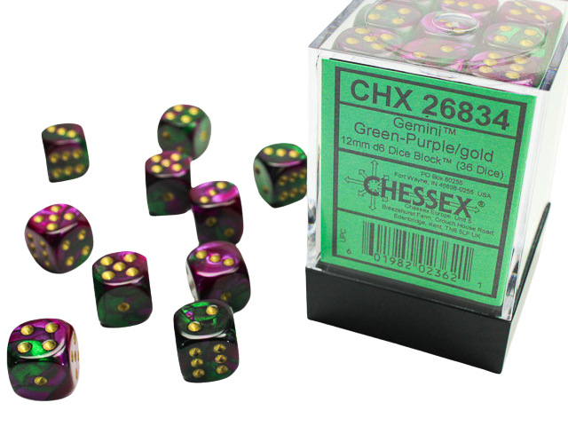 Chessex Gemini 12mm d6 Dice Blocks with pips Dice Blocks (36 Dice) - Green-Purple w/gold