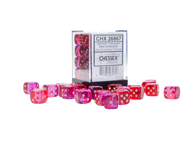 Chessex Gemini 12mm d6 Translucent Red-Violet/gold Dice Block (36 dice)