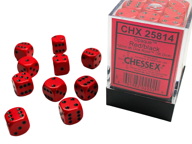 Chessex Opaque 12mm d6 with pips Dice Blocks (36 Dice) - Red w/black