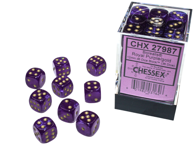 Chessex Borealis 12mm d6 Royal Purple/gold Luminary Dice Block (36 dice)
