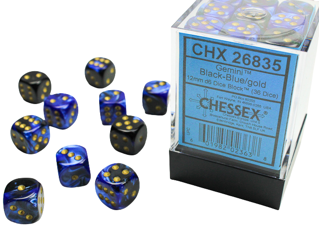 Chessex - Signature 12mm d6 with pips Dice Blocks (36 Dice) - Black-Blue w/gold