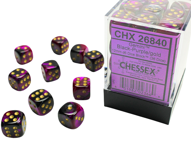 Chessex - Signature 12mm d6 with pips Dice Blocks (36 Dice) - Black-Purple w/gold