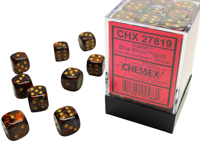 Chessex Signature 12mm d6 with pips Dice Blocks (36 Dice) - Scarab Blue Blood w/gold