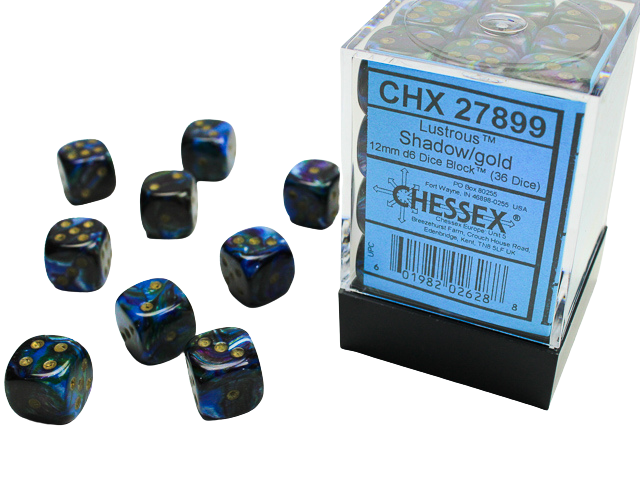 Chessex - Signature 12mm d6 with pips Dice Blocks (36 Dice) - Lustrous Shadow w/gold