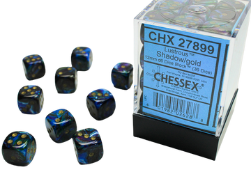 Chessex - Signature 12mm d6 with pips Dice Blocks (36 Dice) - Lustrous Shadow w/gold