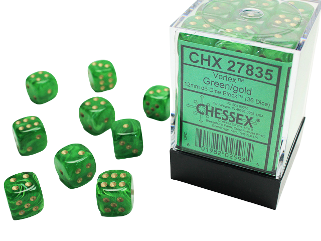 Chessex - Signature 12mm d6 with pips Dice Blocks (36 Dice) - Vortex Green w/gold