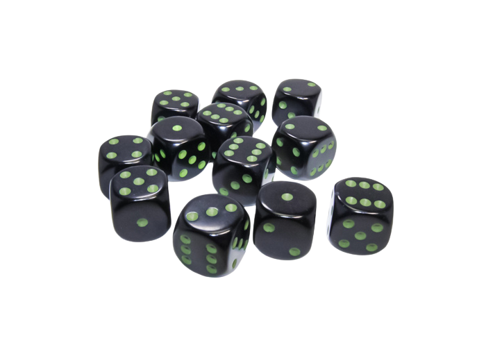 Opaque Black/green 16mm d6 Dice Block (12 dice)