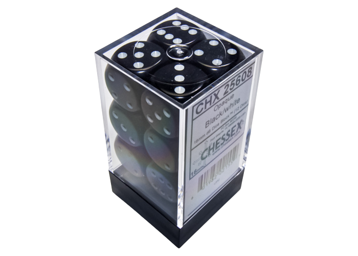 Chessex Opaque 16mm d6 with pips Dice Blocks (12 Dice) - Black w/white
