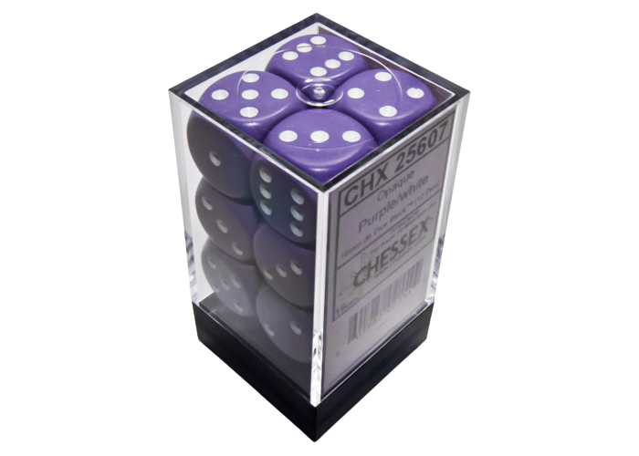 Chessex Opaque 16mm d6 with pips Dice Blocks (12 Dice) - Purple w/white