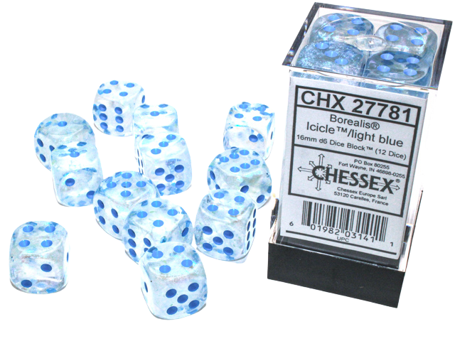 Chessex - Borealis 16mm d6 Icicle/light blue Luminary Dice Block (12 dice)