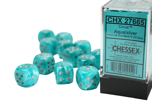 Chessex 16mm d6 with pips Dice Blocks (12 Dice) - Cirrus Aqua w/silver