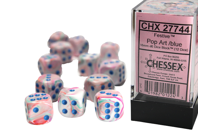 Chessex 16mm d6 with pips Dice Blocks (12 Dice) - Festive Polyhedral Pop Art /blue