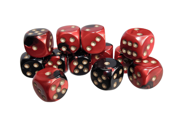 Chessex Gemini 16mm d6 with pips Dice Blocks (12 Dice) - Black-Red w/gold