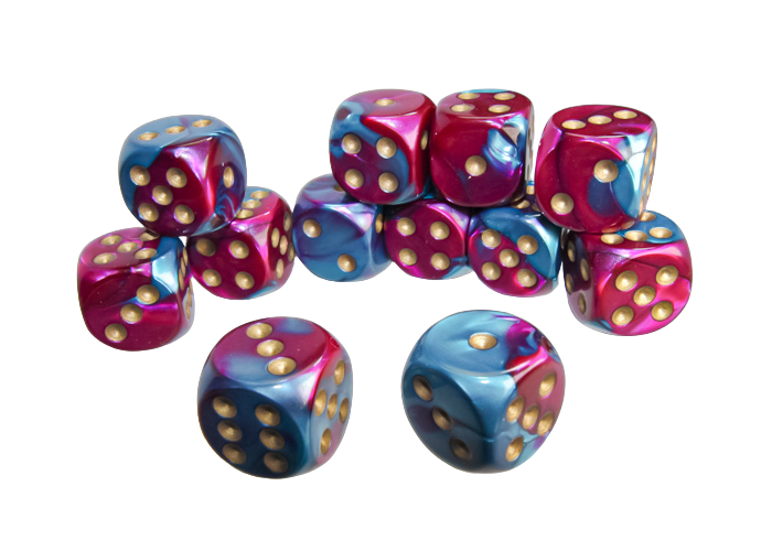 Chessex Gemini 16mm d6 with pips Dice Blocks (12 Dice) - Purple-Teal w/gold